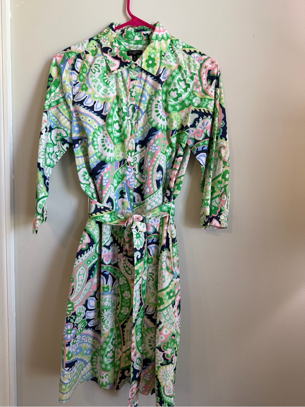 Talbots 6P Green, Pink & Navy Paisley Midi Shirt Dress w/Tie Belt & Pockets